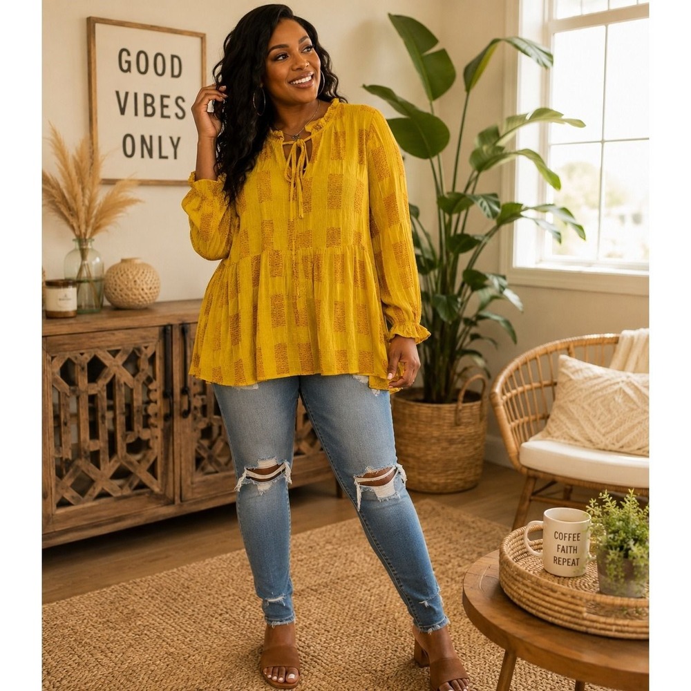 Umgee USA Mustard Yellow Chenille Grid Babydoll Tunic Top Plus Size 1XL